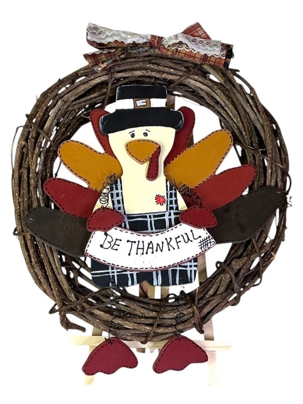 Hand Crafted Thanksgiving Turkey Wreath BeThankful Rustic Red Brown Accent 14 In